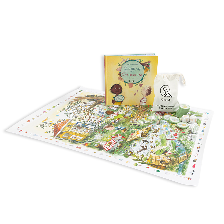 Sansepakke tilbud med bog, spil om sanser og en flot plakat hvor alle sanserne er i spil