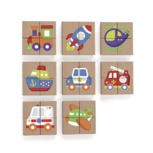 Transportmidler puslespil Sæt med magnetiske puslespil i kvadrater. Her er i alt 8 forskellige puslespil med transportmidler tog, brandbil, båd mf.