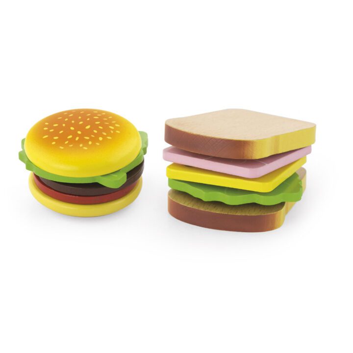 Har du lyst til en lækker burger med masser af tilbehør i? eller måske en sandwich med skinke og ost?  Denne pakke tilbyder enten en bruger eller en sandwich med en masse tilbehør. Der medfølger selvfølgelig en lille lege kniv, hvordan skal kokken ellers tilberede og smøre burgeren og sandwichen? 