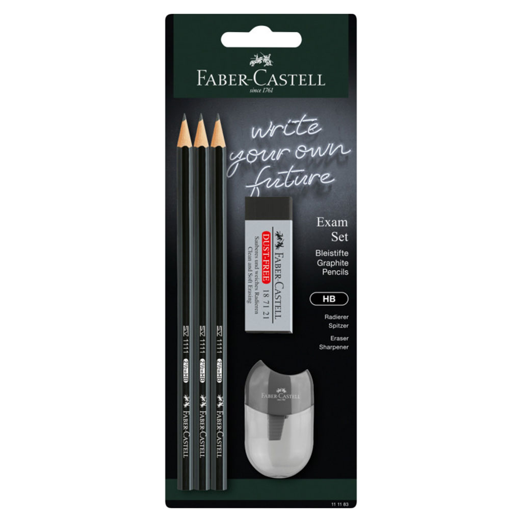 Eksamenssæt blyant, viskelæder og blyantspidser fra Faber-Castell