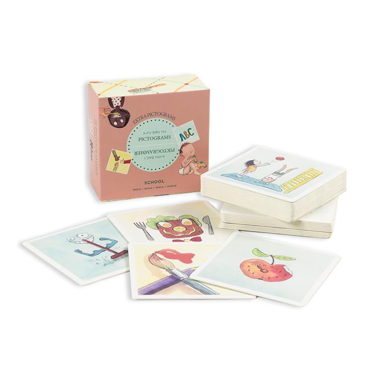 Piktogram tilkøbspakke med 30 kort, der visualiserer fag og andre skole relevante opgaver for skolebarnet