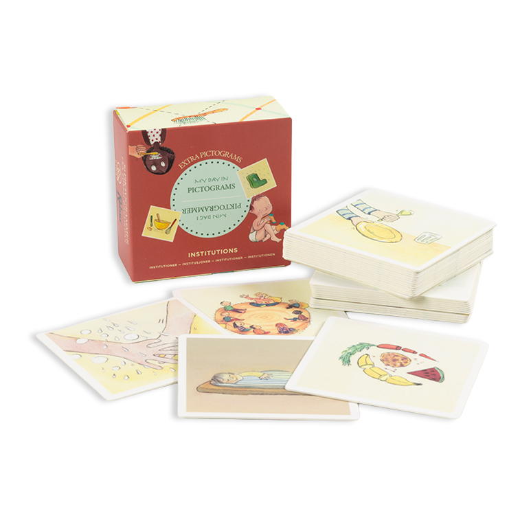 Piktogram tilkøbspakke med 30 kort, der visualiserer velkendte situationer i daginstitutionerne