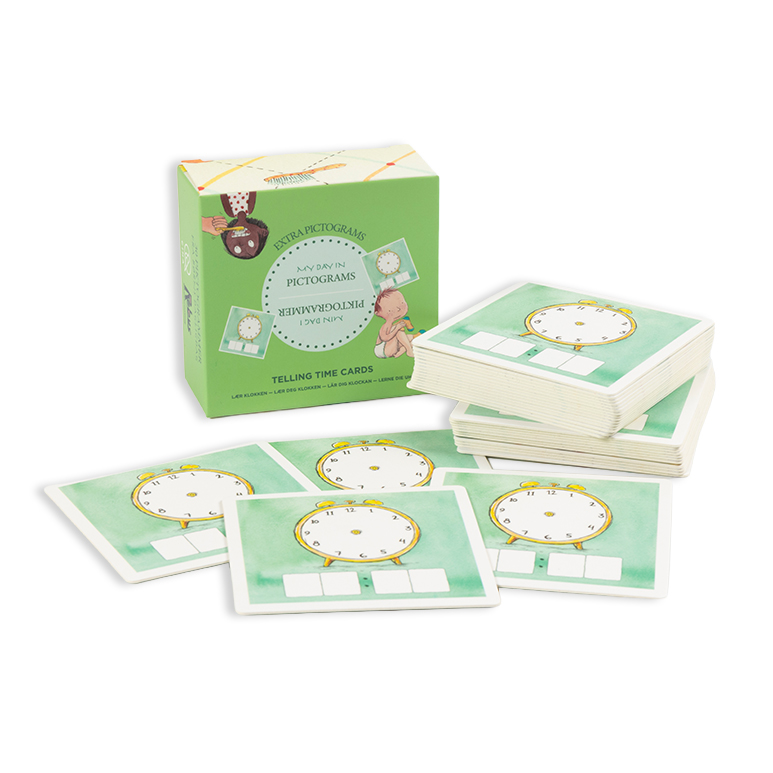 Piktogram tilkøbspakke med 30 kort, der visualiserer klokken med analogt og digitalt ur, som I selv sætter klokkeslættet på.