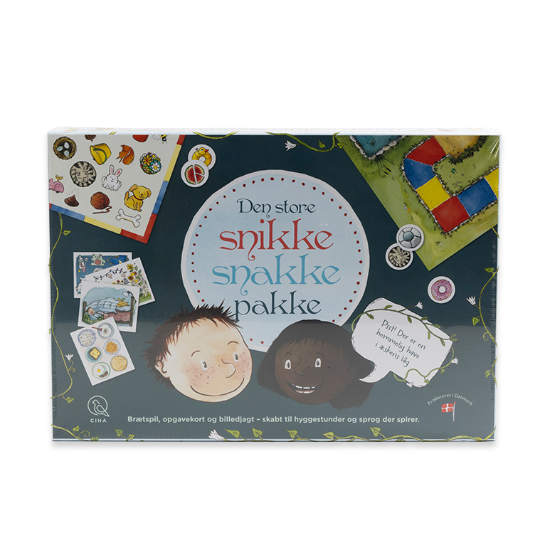 Den store snikke snakke pakke med 6 spil i 1, perfekt til de mindste børn hvor man gerne vil sætte skub i sproget, dialogen og samtalen mens ordforrådet udvides har I det sjovt sammen