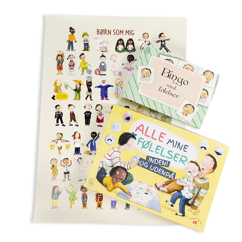 tre af vores bedst sælgende produkter samlet her i en pakke med rabat. Du får det store og fantastiske spil med følelser, bingo med følelser og den smukke plakat med børn som mig.